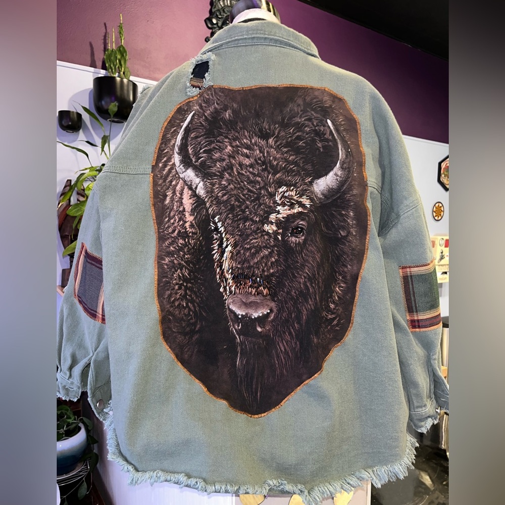 Altered Green Denim Jacket with Bison patch